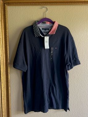 NWT Tommy Hilfiger Men’s Navy Polo with American Flag Collar - Fourth of July